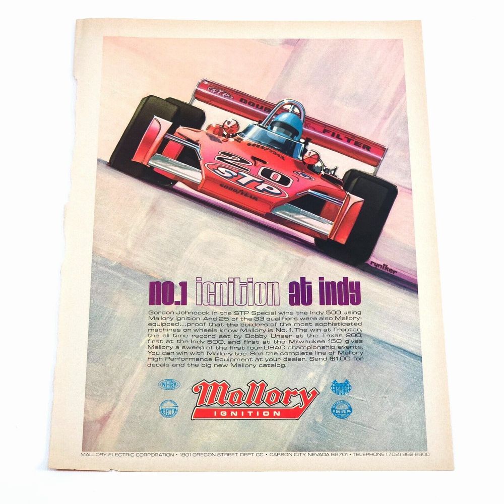 VTG Mallory Ignition Full Color STP Gordon Johncock Indy Print Ad 9/73 Car Craft